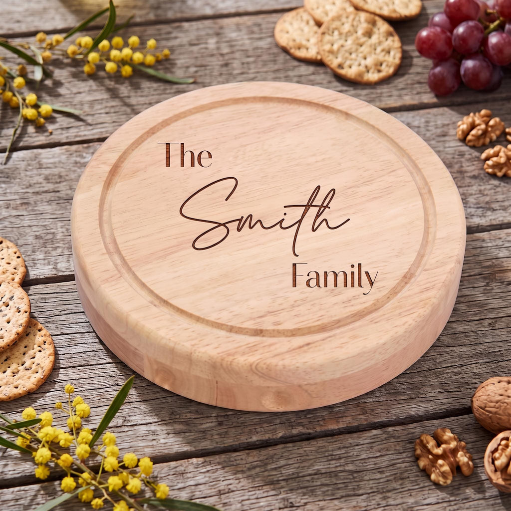 Engraved Grazing Board with Knives, Personalised Round Cheese Board, Custom Wedding Charcuterie Set, Swivel Wooden Cutting Board, New Home
