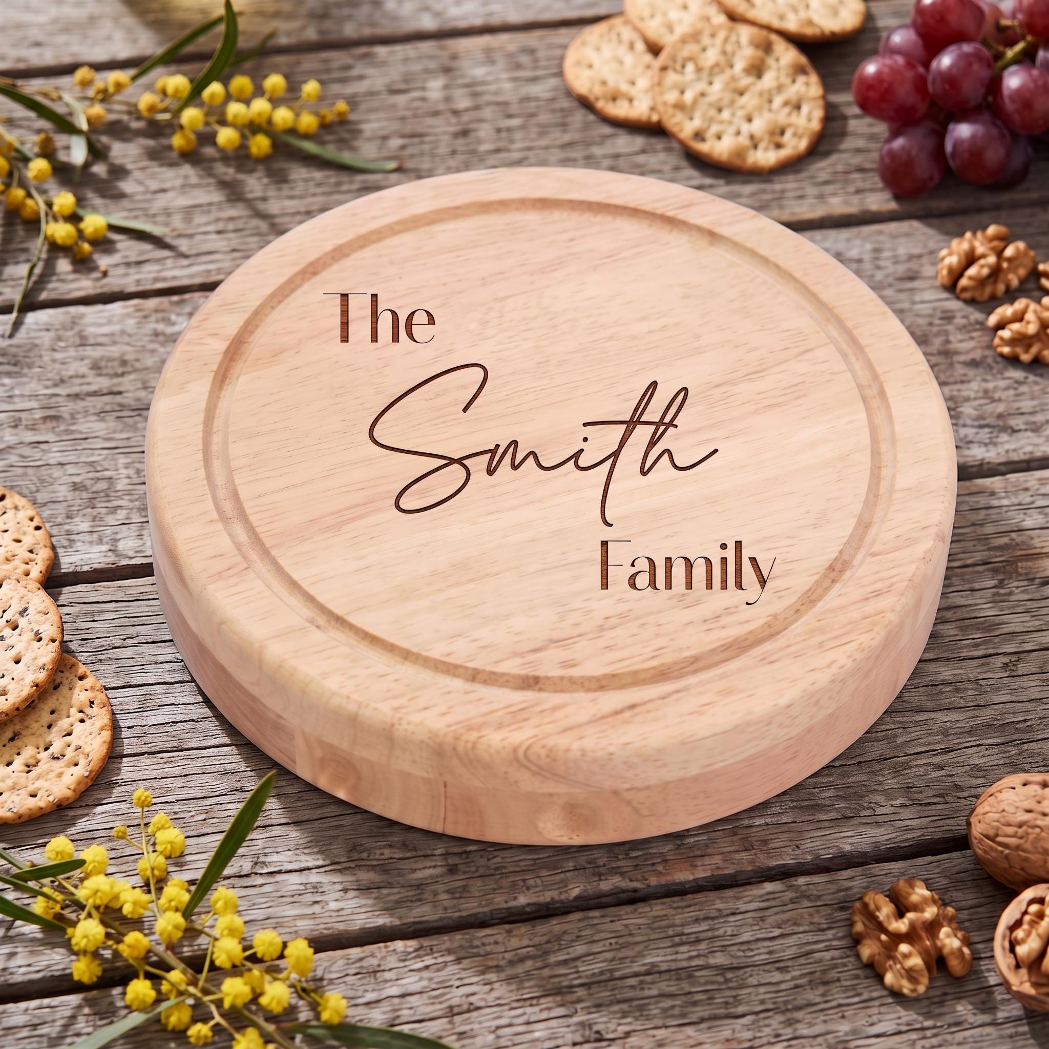 Engraved Grazing Board with Knives, Personalised Round Cheese Board, Custom Wedding Charcuterie Set, Swivel Wooden Cutting Board, New Home