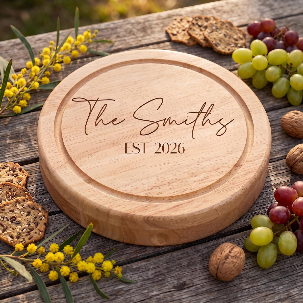 Engraved Grazing Board with Knives, Personalised Round Cheese Board, Custom Wedding Charcuterie Set, Swivel Wooden Cutting Board, New Home