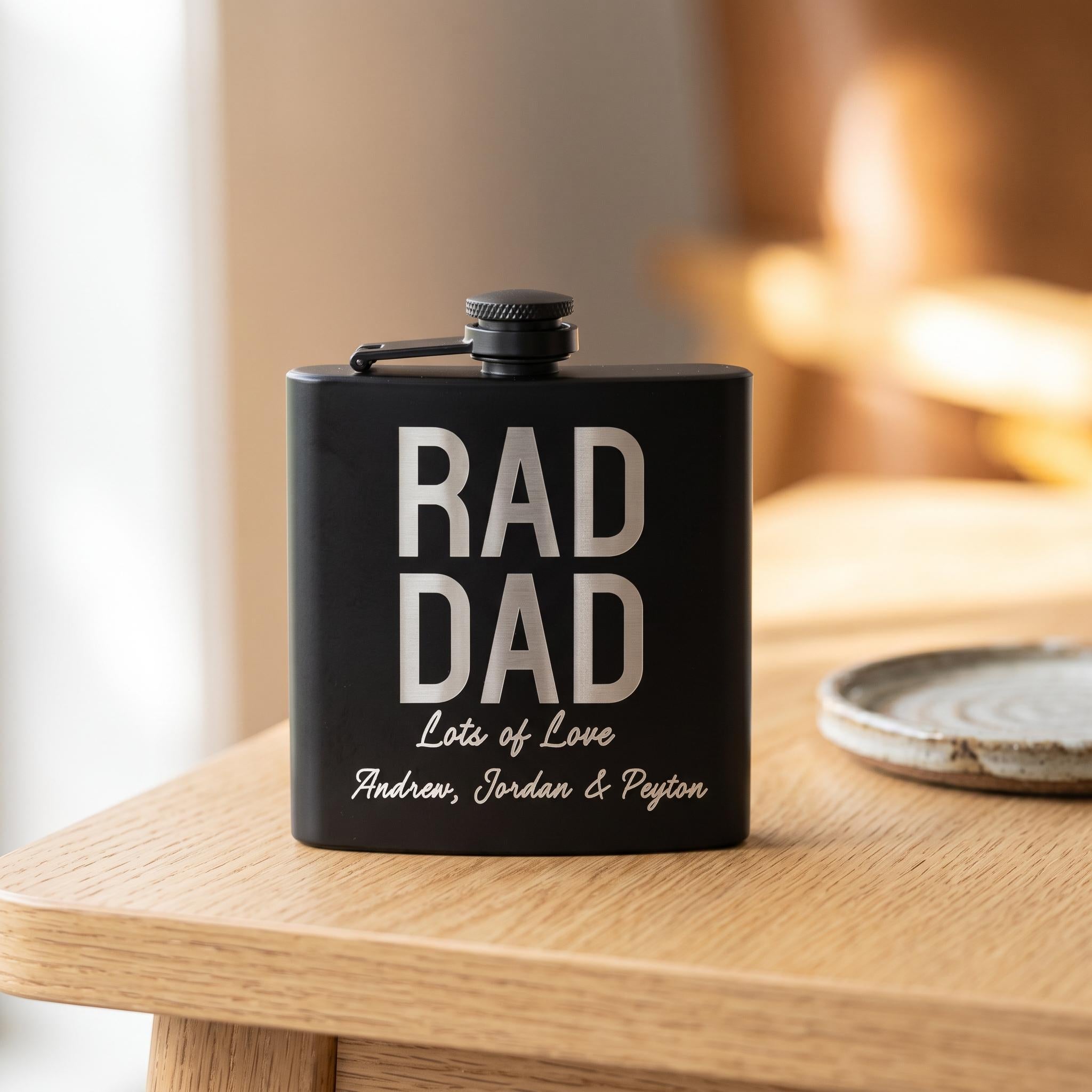 Front close up of the Rad Dad layout, focusing on the crisp edges and deep laser etching through the matte powder coat.