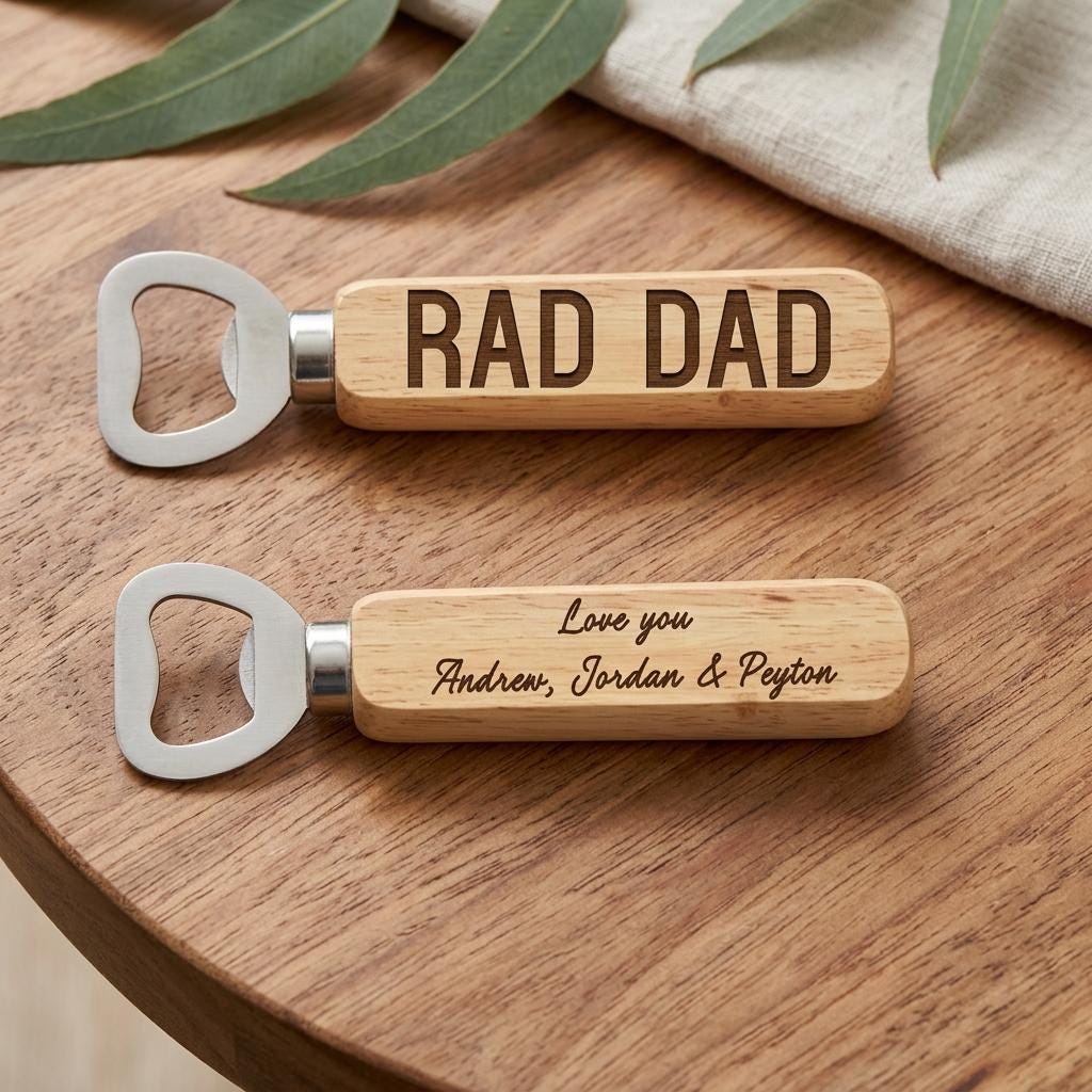 Personalised solid wood bottle opener with custom Father's Day laser engraving resting on natural timber tabletop.