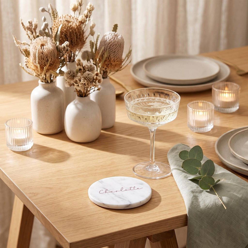 Personalised Marble Coasters, Engraved Wedding Place Cards, Custom Name Stone Favours (10cm)