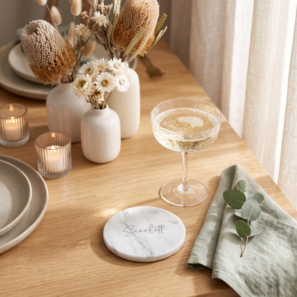 Personalised Marble Coasters, Engraved Wedding Place Cards, Custom Name Stone Favours (10cm)