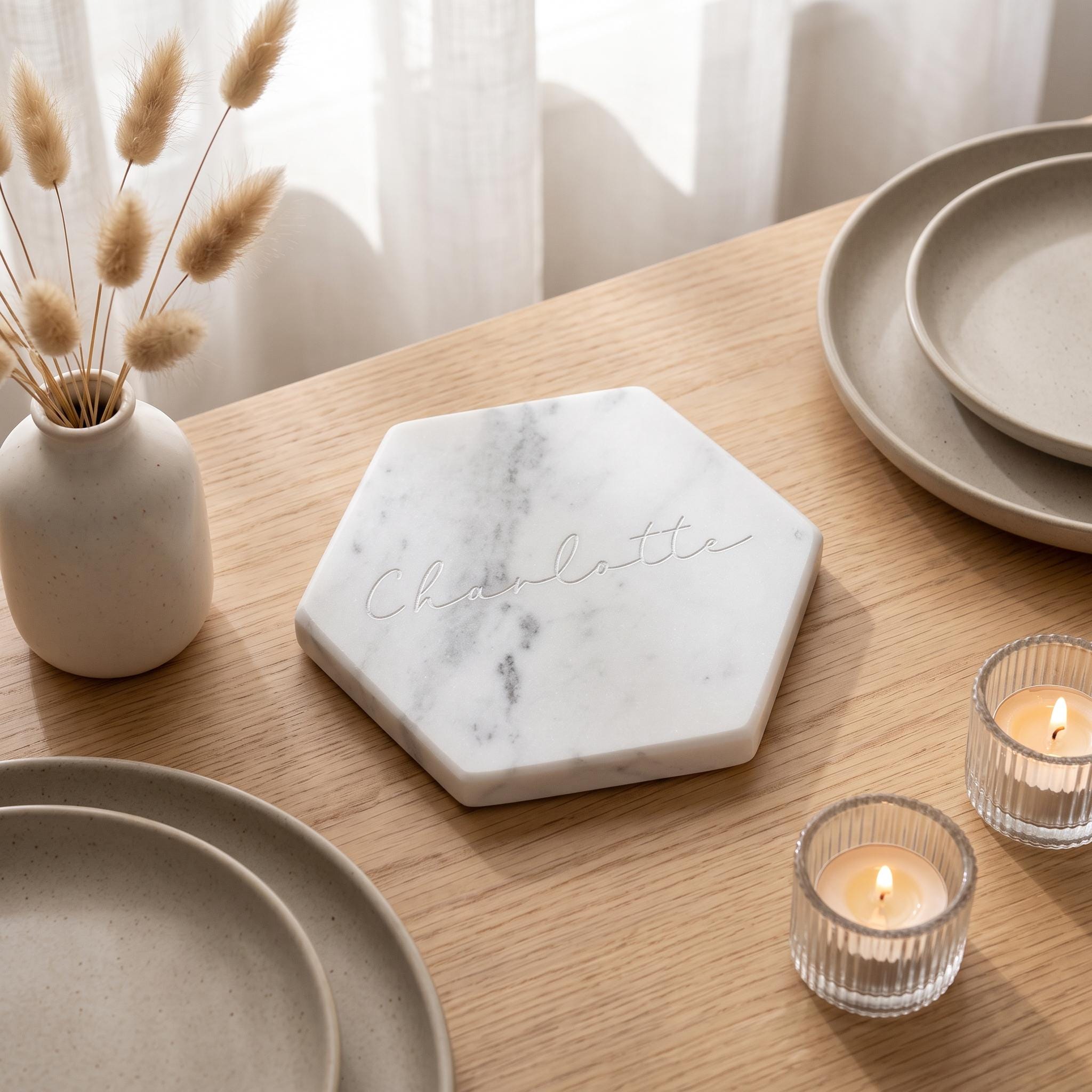 Hexagon Marble Coaster, Engraved Wedding Place Card, Custom Name Coasters, Geometric Stone Favours, Gold Rose Gold Silver Infill