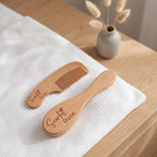 Personalised engraved wooden baby brush and comb set with custom name on white nursery blanket with natural dried bunny tails