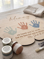 Personalised Mothers Day Handprint Plaque, Custom Wooden Flower Sign for Mum or Nan, DIY Kids Keepsake Gift with Display Stand