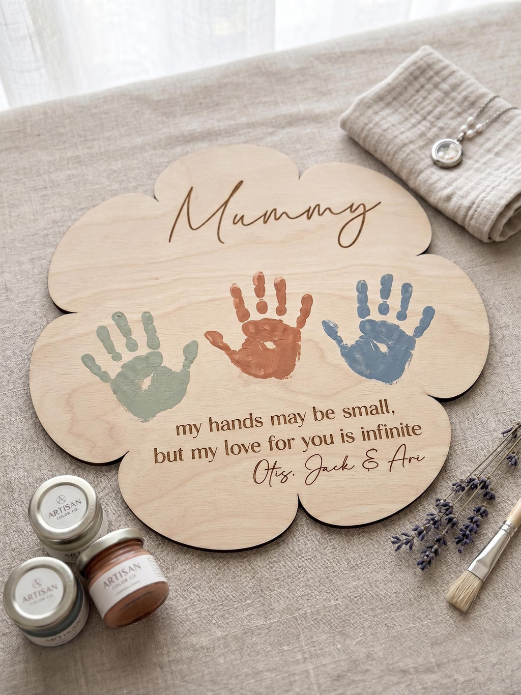 Personalised Mothers Day Handprint Plaque, Custom Wooden Flower Sign for Mum or Nan, DIY Kids Keepsake Gift with Display Stand