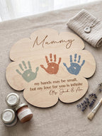Personalised Mothers Day Handprint Plaque, Custom Wooden Flower Sign for Mum or Nan, DIY Kids Keepsake Gift with Display Stand