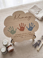 Personalised Mothers Day Handprint Plaque, Custom Wooden Flower Sign for Mum or Nan, DIY Kids Keepsake Gift with Display Stand