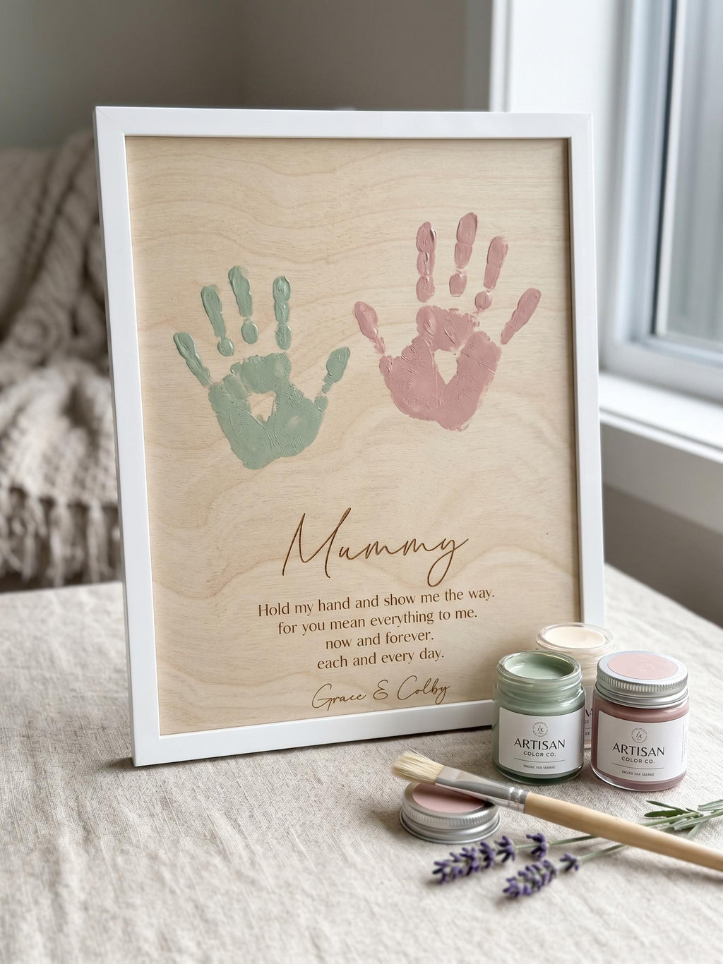 Personalised Mothers Day Handprint Plaque, Custom Framed Wooden Sign for Mum or Nan, DIY Kids Handprint Keepsake, 25cm x 20cm