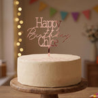 Personalised Happy Birthday Chloe rose gold mirror acrylic cake topper in classic serif and script font.