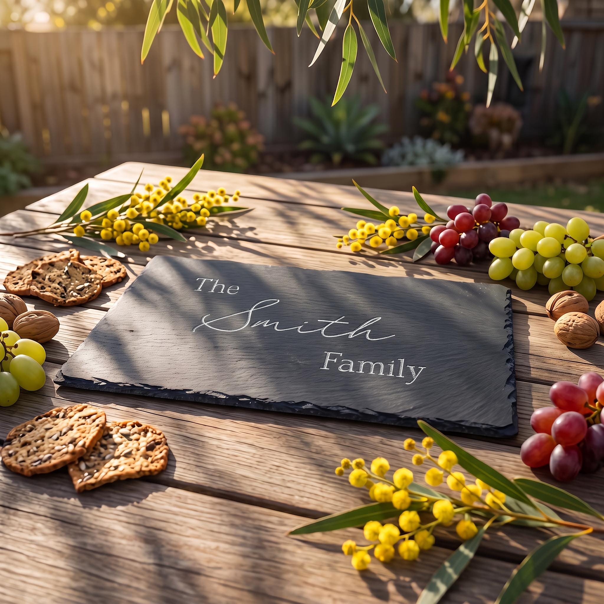 Personalised rectangular slate serving tray engraved with The Smith Family in classic serif and script font on wooden table.