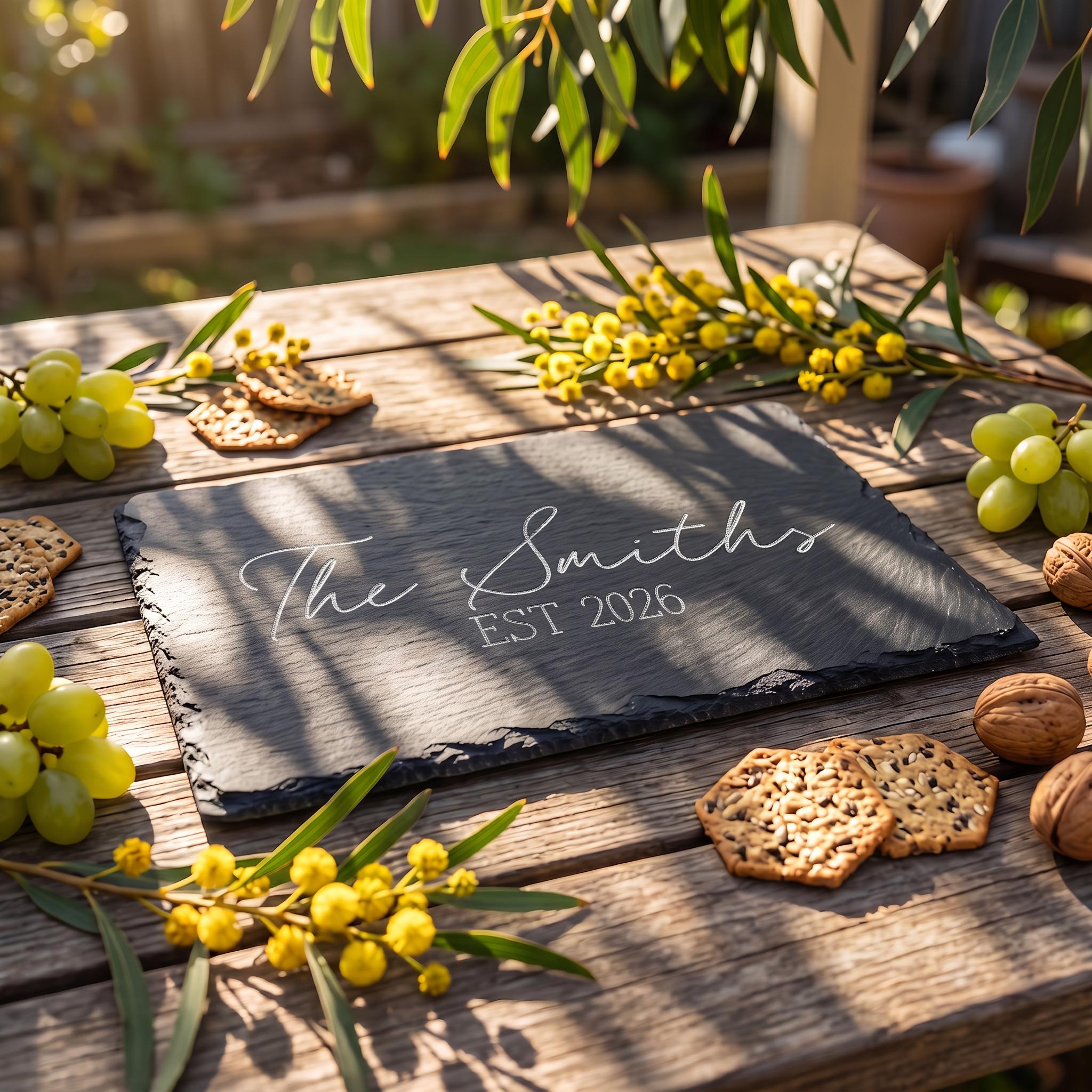 Custom slate cheese board engraved with The Smiths EST 2026 on rustic timber with native wattle blossoms.