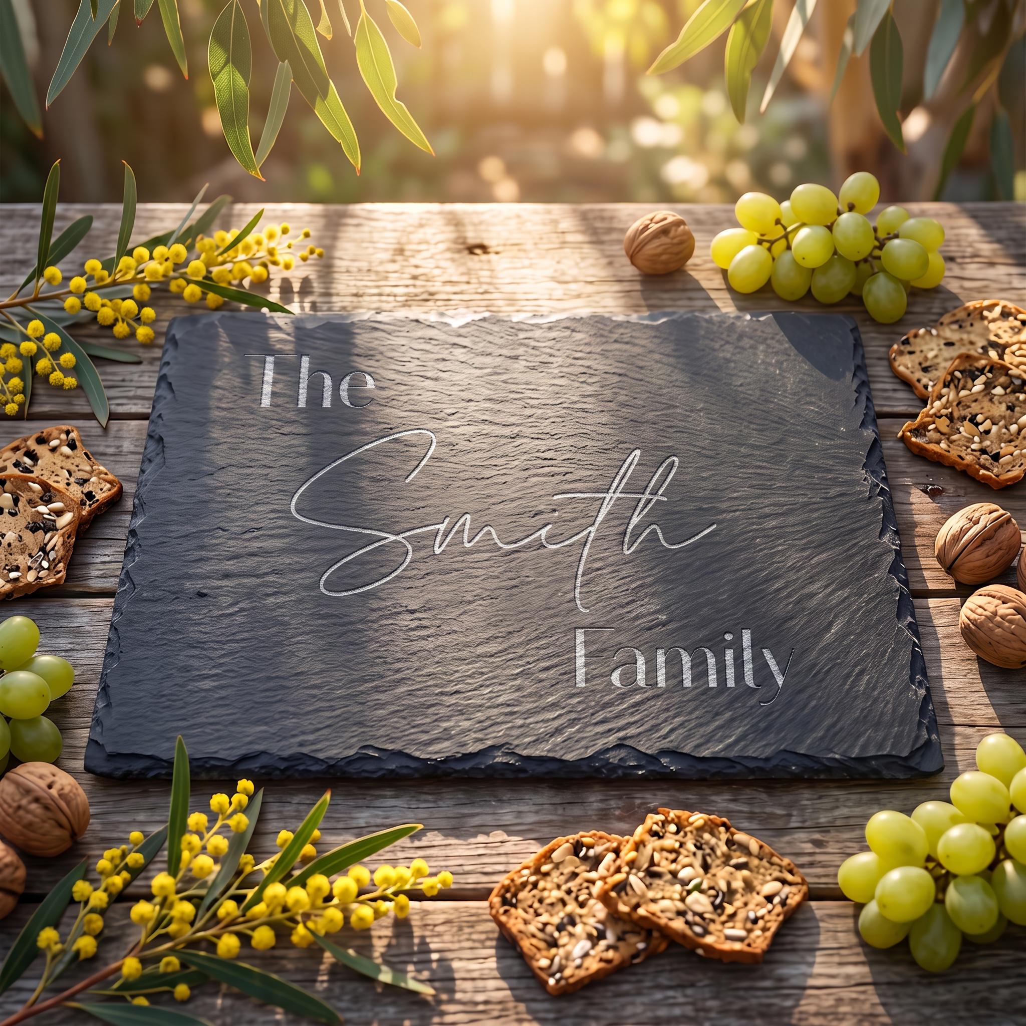 Personalised rectangular slate serving tray engraved with The Smith Family in modern sans and calligraphy script on timber table.