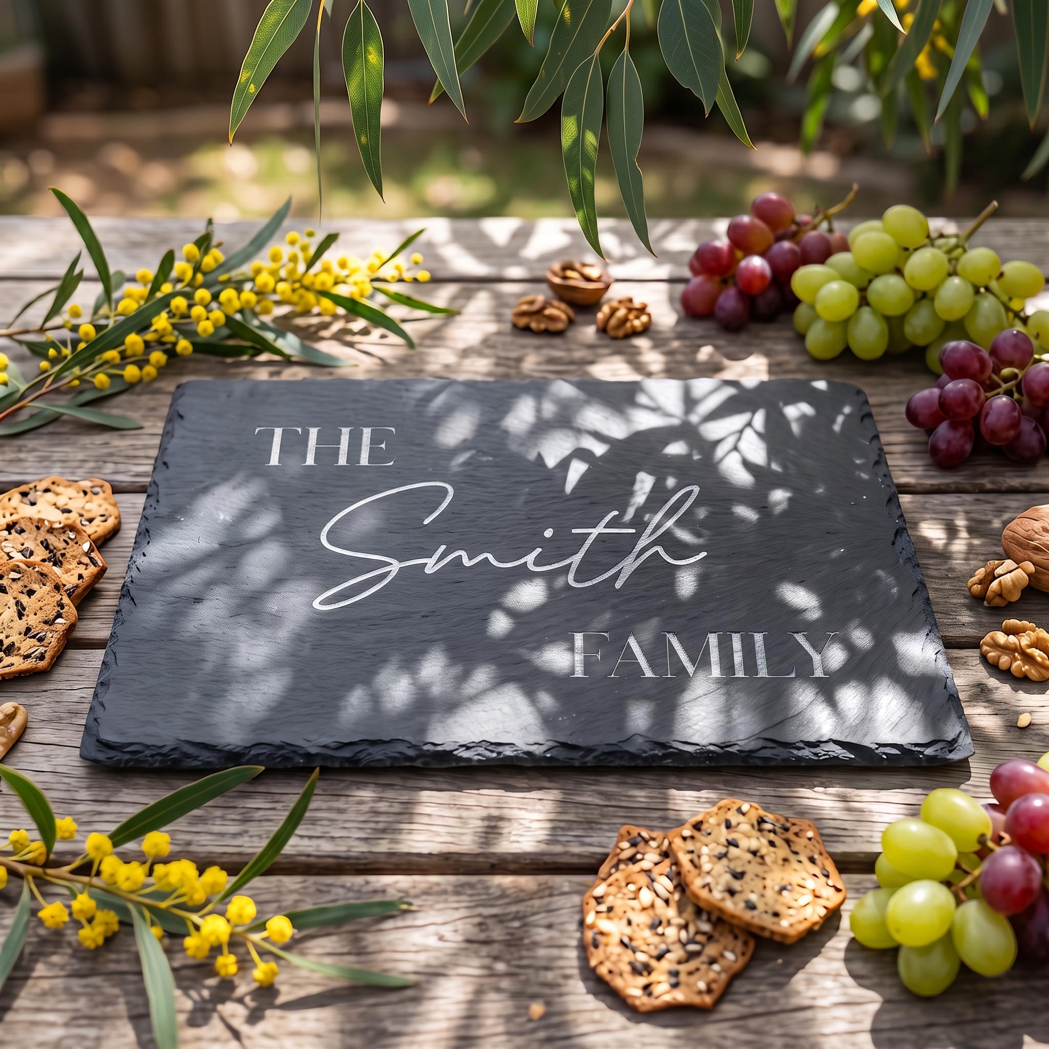 Personalised rectangular slate serving tray engraved with THE Smith FAMILY in all caps serif and delicate script font on timber table.