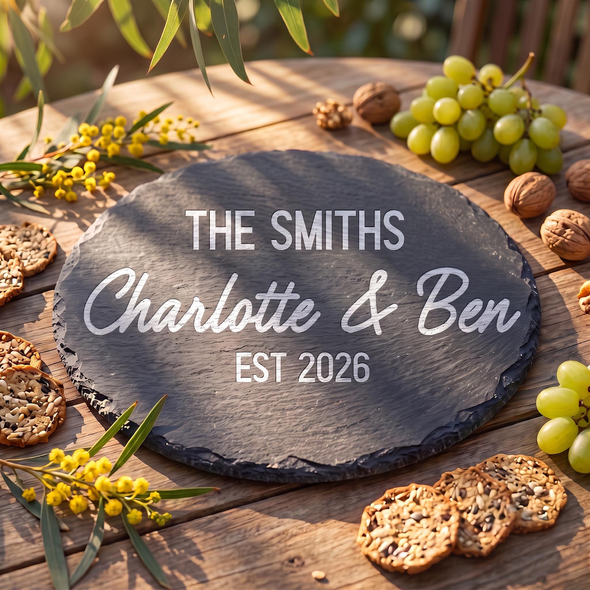 Bespoke engraved round slate board showing THE SMITHS Charlotte and Ben EST 2026 on natural dark stone.