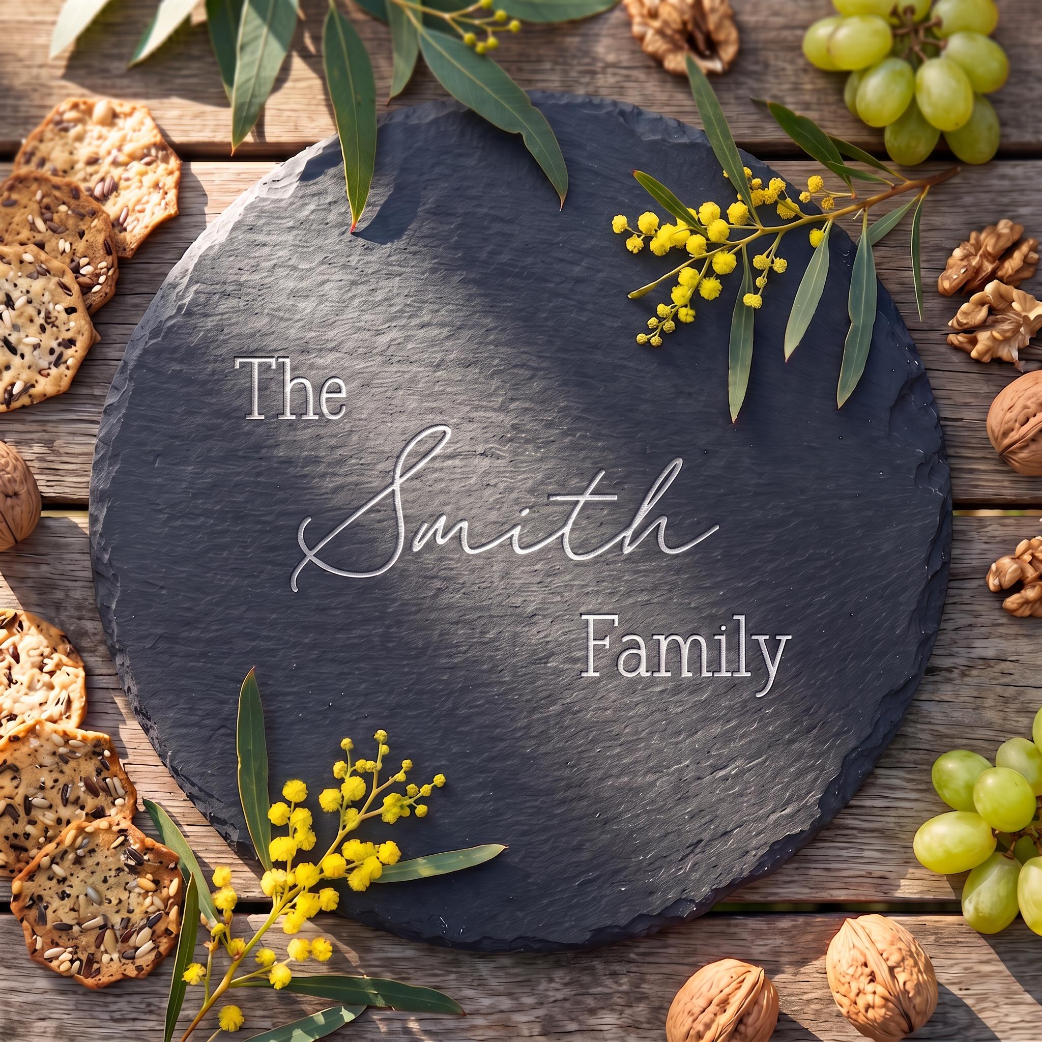 Personalised round slate cheese board engraved with The Smith Family in classic serif and script font on rustic table.