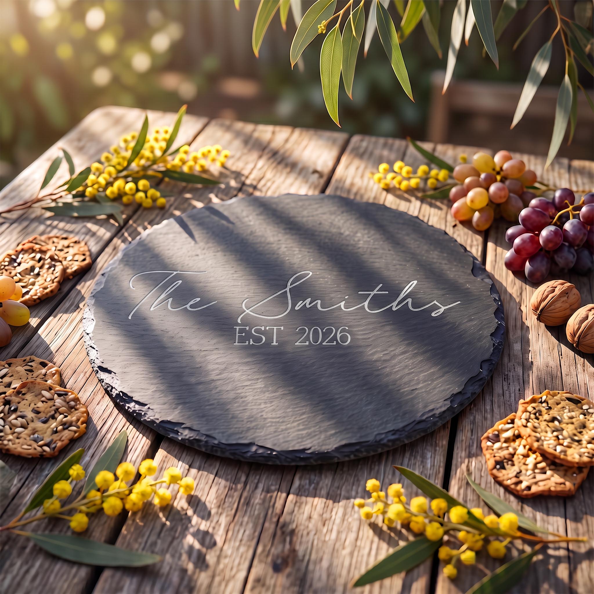 Custom circular slate serving platter engraved with The Smiths EST 2026 on timber background with wattle blossoms.
