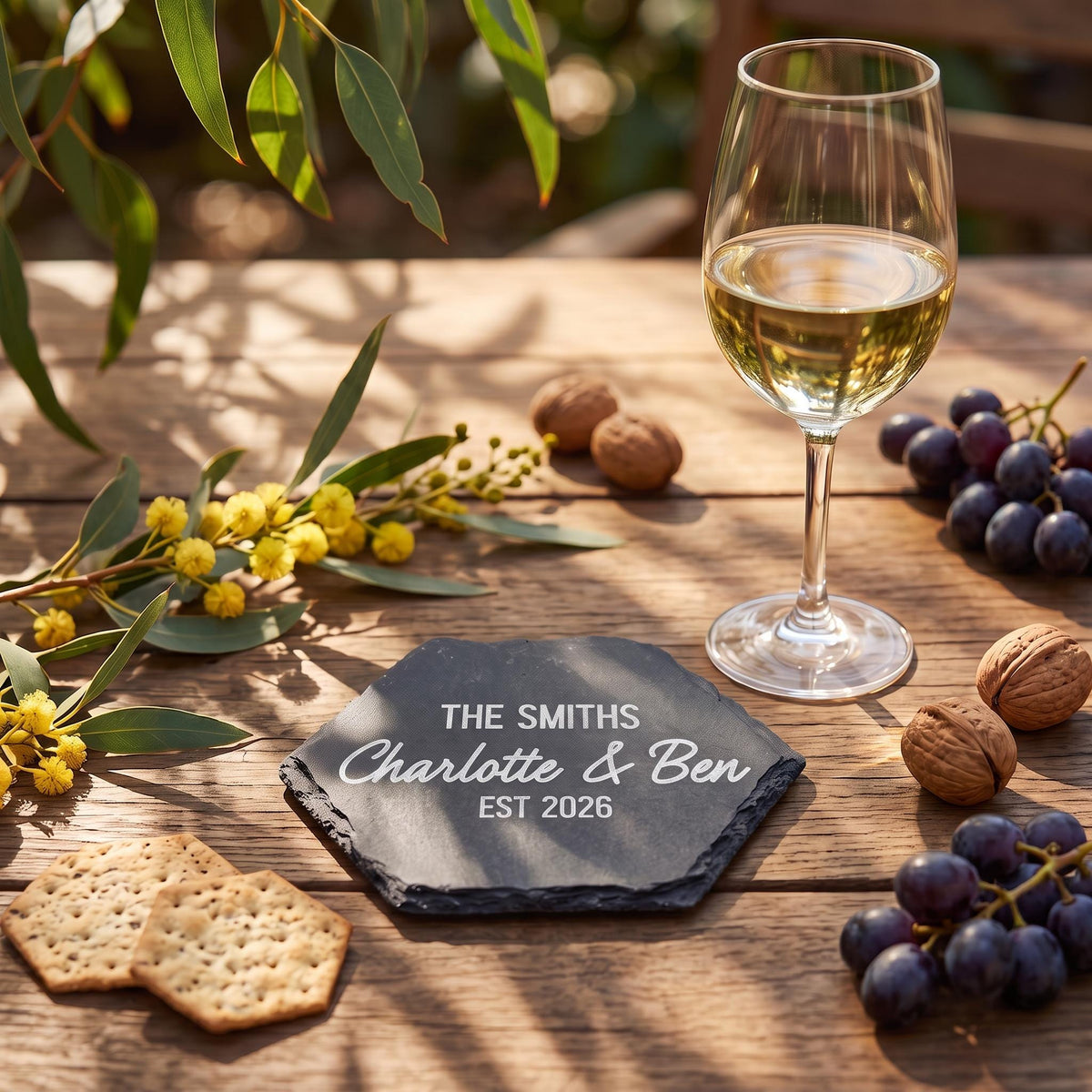Personalised Hexagon Slate Coaster, Laser Engraved Family Name, Bespoke Gift