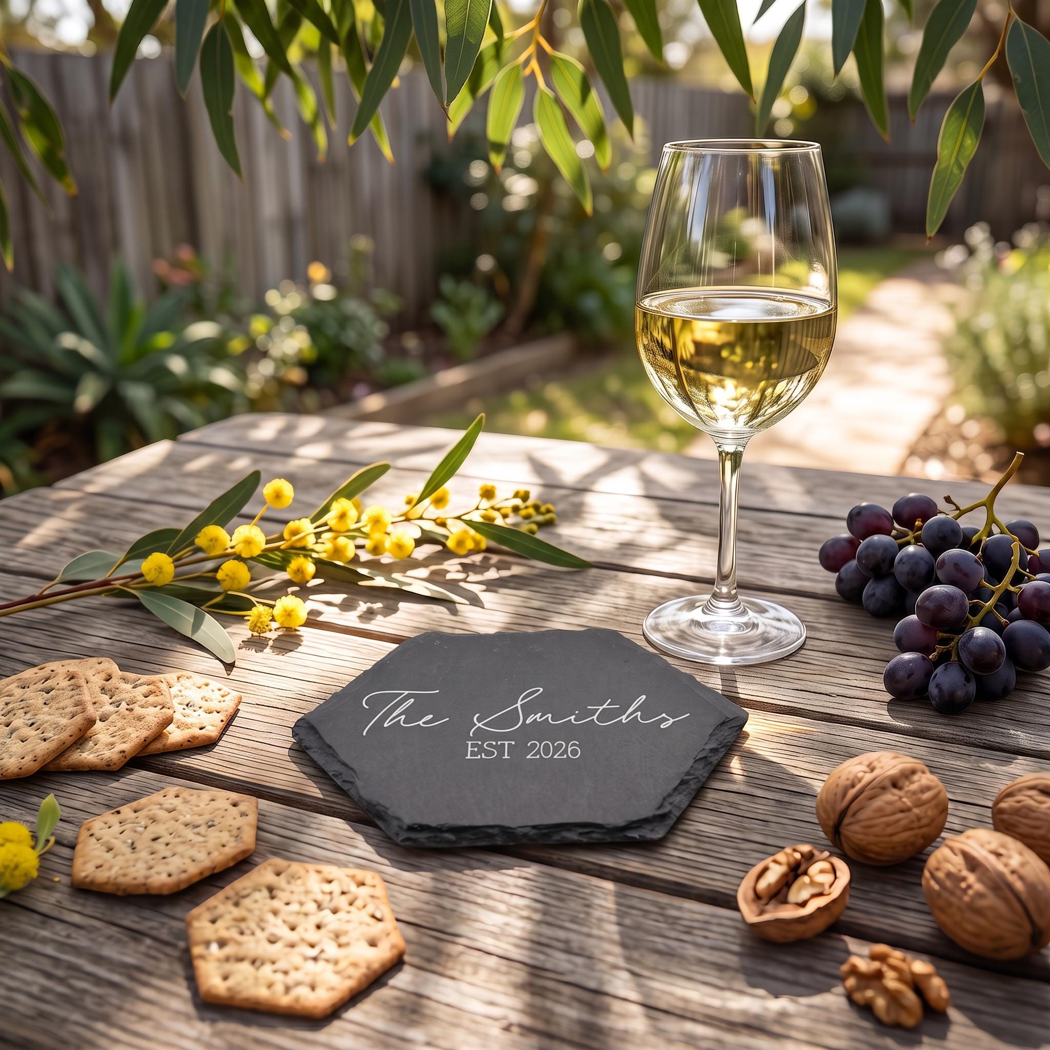 Custom slate coaster engraved with The Smiths EST 2026 styled on rustic wood with native wattle blossoms.