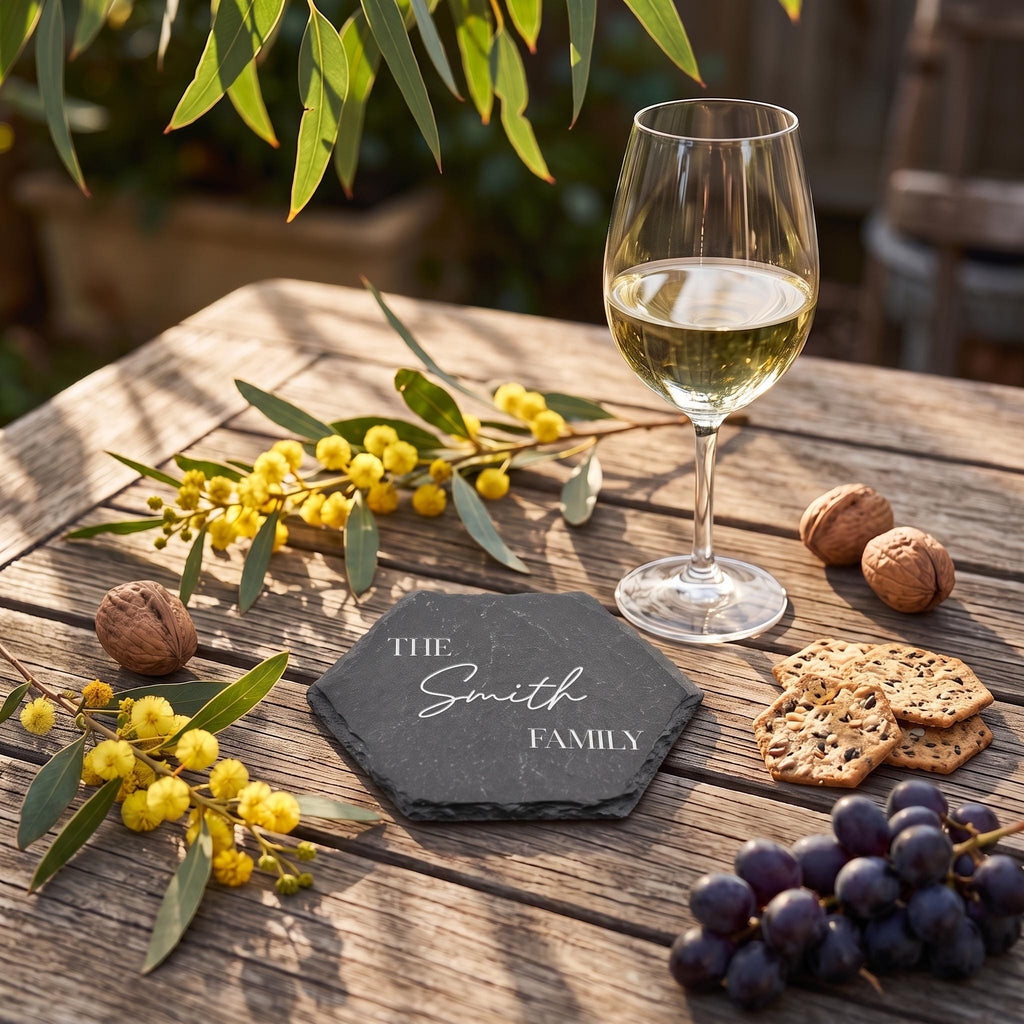 Personalised hexagon slate drinks coaster engraved with THE Smith FAMILY in all caps serif and delicate script beside a wine glass on timber table.