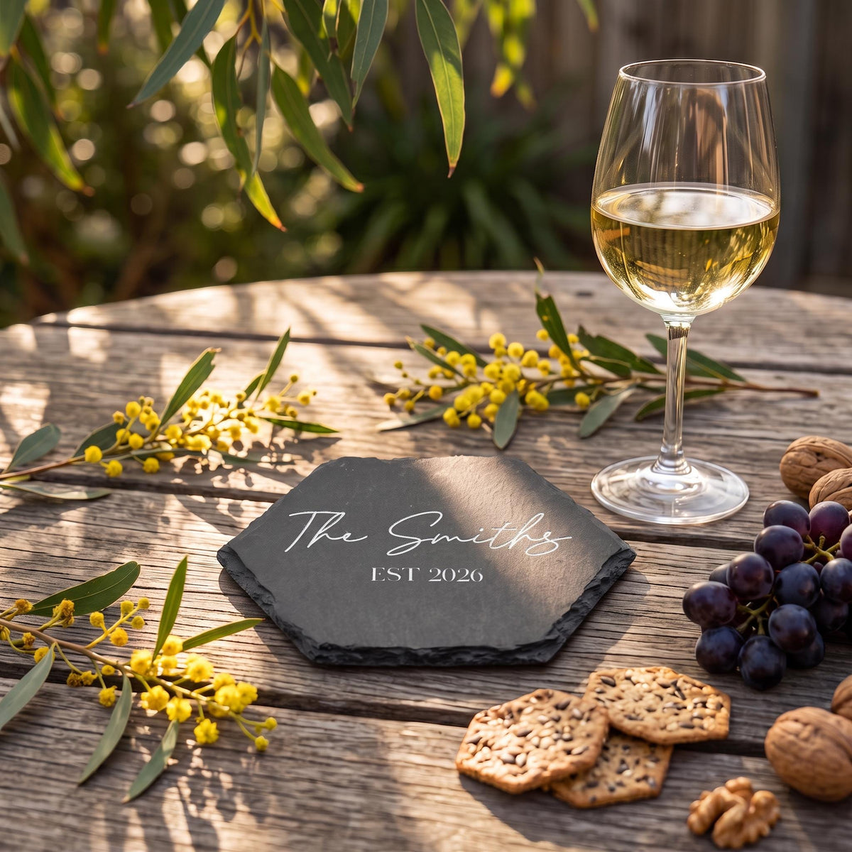 Custom slate coaster engraved with The Smiths EST 2026 styled on rustic wood with native wattle blossoms.
