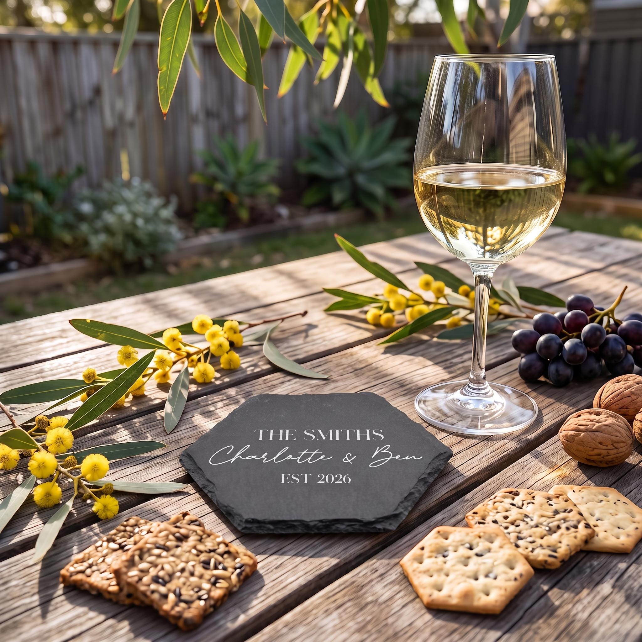 Bespoke engraved hexagon coaster showing THE SMITHS Charlotte and Ben EST 2026 on natural dark stone.