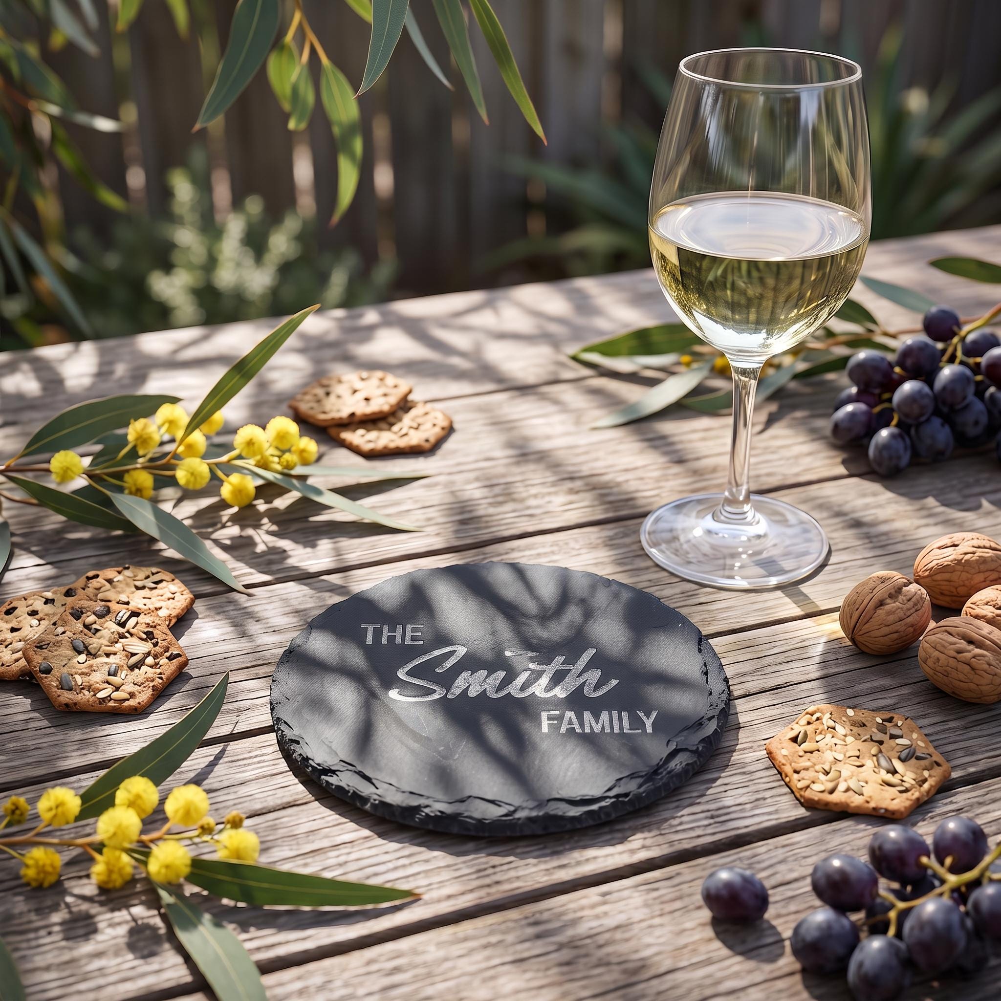 Personalised round slate drinks coaster engraved with The Smith Family beside a glass of white wine on timber table.