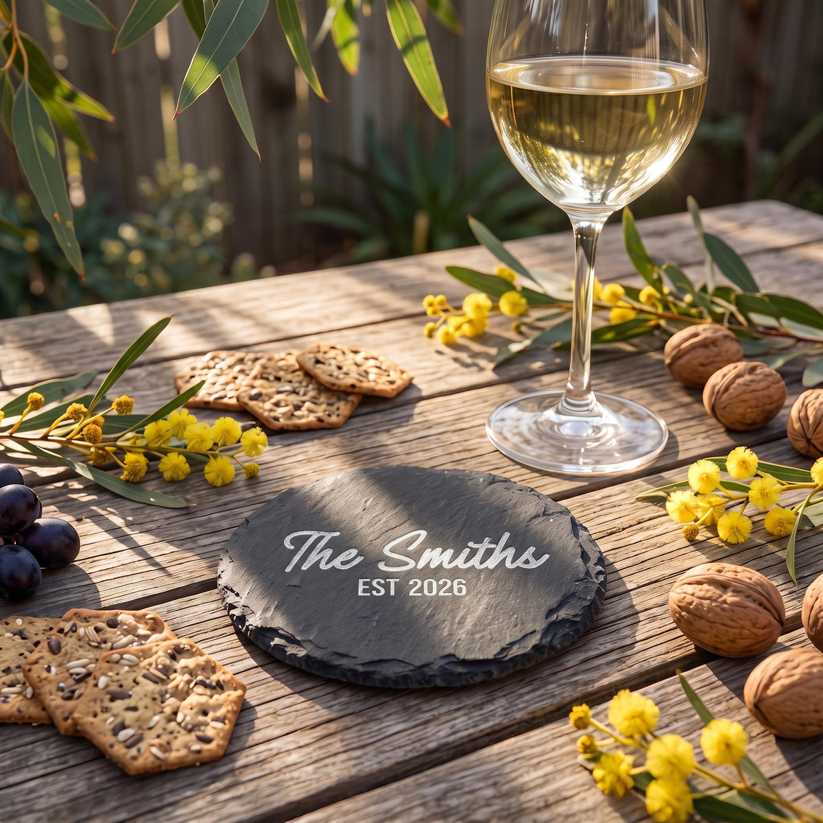 Custom slate coaster engraved with The Smiths EST 2026 styled on rustic wood with native wattle blossoms.