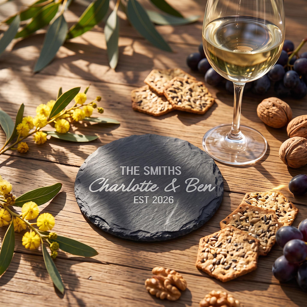 Bespoke engraved circular coaster showing THE SMITHS Charlotte and Ben EST 2026 on dark natural slate.