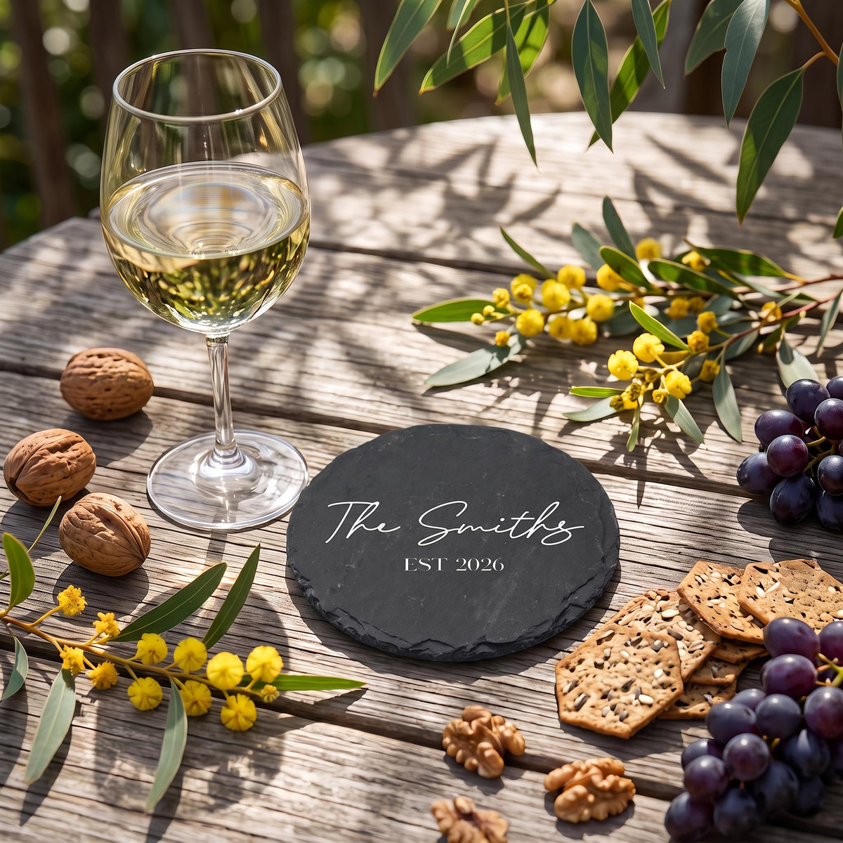 Custom slate coaster engraved with The Smiths EST 2026 styled on rustic wood with native wattle blossoms.