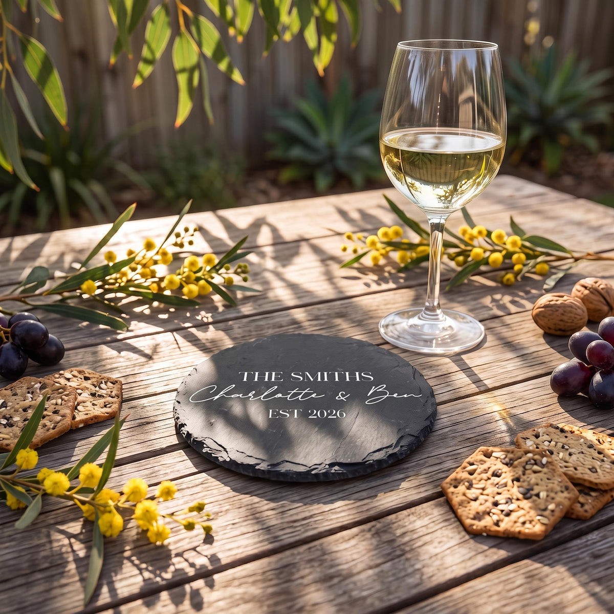 Bespoke engraved circular coaster showing THE SMITHS Charlotte and Ben EST 2026 on natural dark stone.