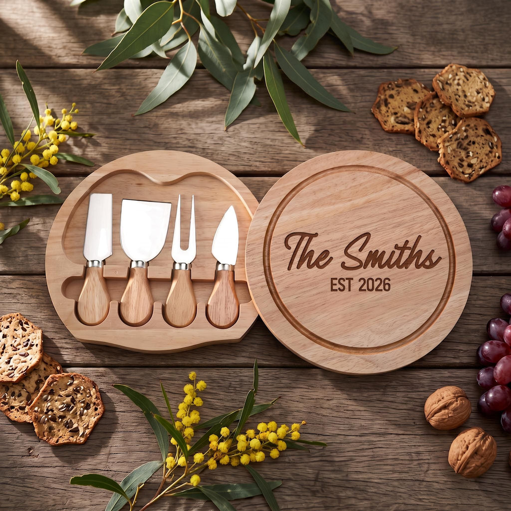 Custom engraved round wooden cheese board swiveled open on rustic timber showing four cheese knives inside, styled with Australian wattle and eucalyptus.
