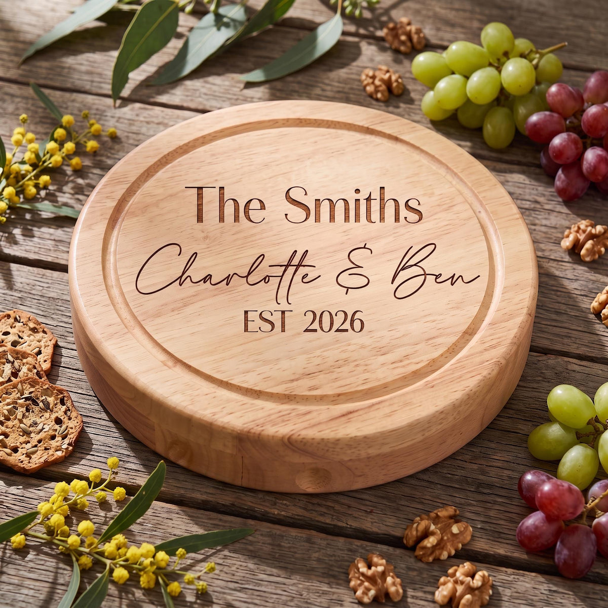 Engraved Grazing Board with Knives, Personalised Round Cheese Board, Custom Wedding Charcuterie Set, Swivel Wooden Cutting Board, New Home