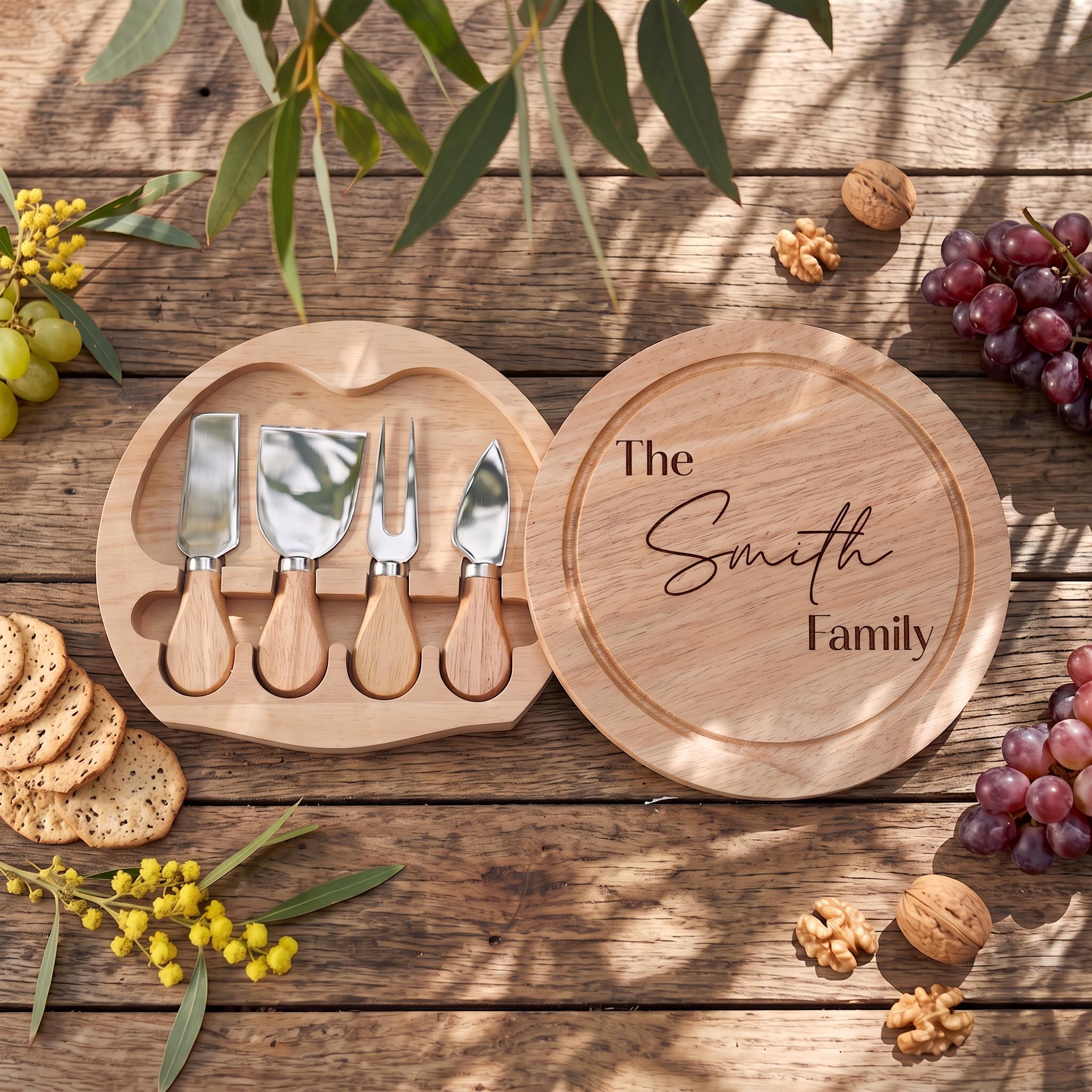 Engraved Grazing Board with Knives, Personalised Round Cheese Board, Custom Wedding Charcuterie Set, Swivel Wooden Cutting Board, New Home