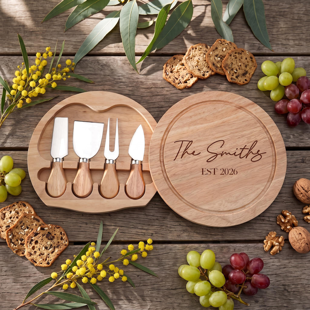 Personalised Cheese Board with Knives, Custom Engraved Charcuterie Board, Wedding Gift for Couple, Swivel Grazing Platter, Housewarming