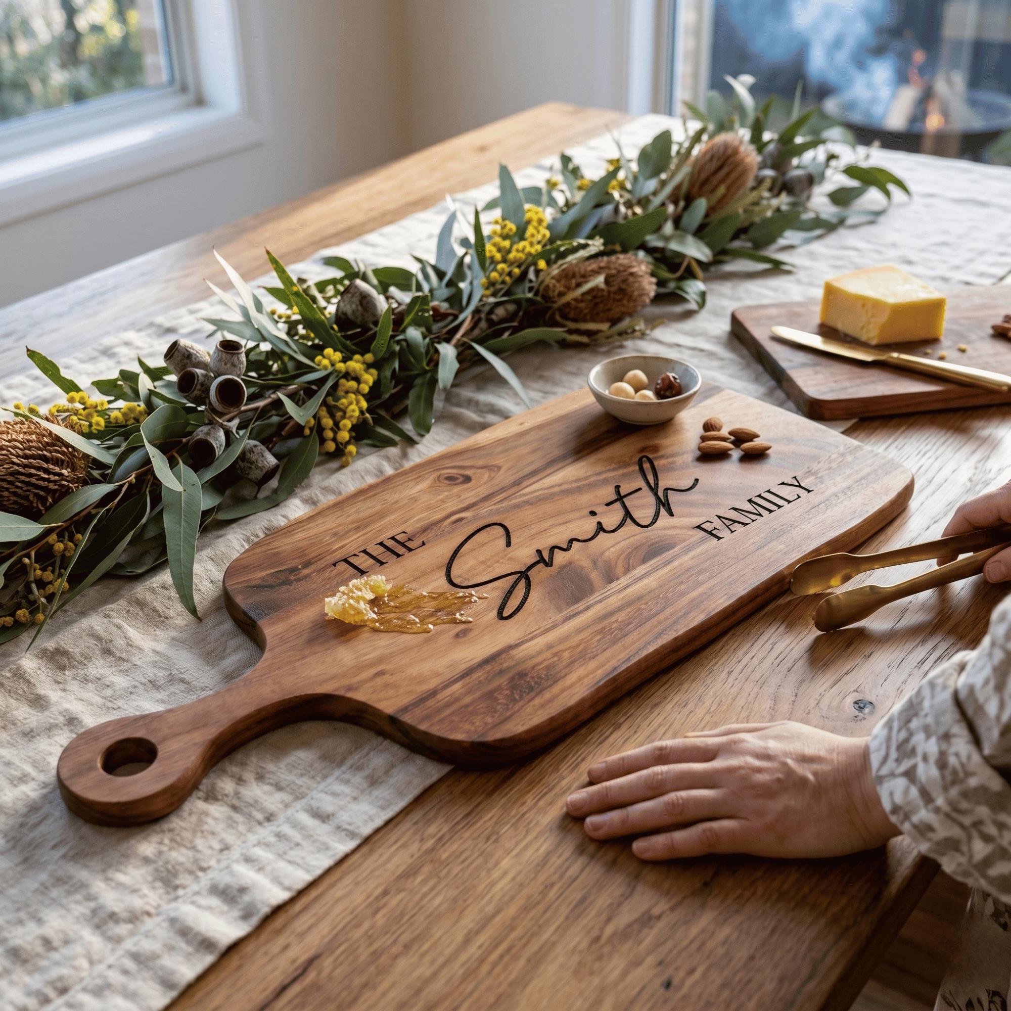 Personalised acacia wood serving board with handle engraved with The Smith Family on a timber dining table with Australian native floral runner.