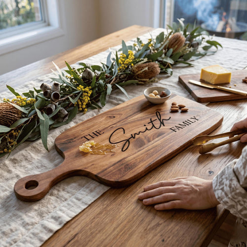 Personalised acacia wood serving board with handle engraved with The Smith Family on a timber dining table with Australian native floral runner.