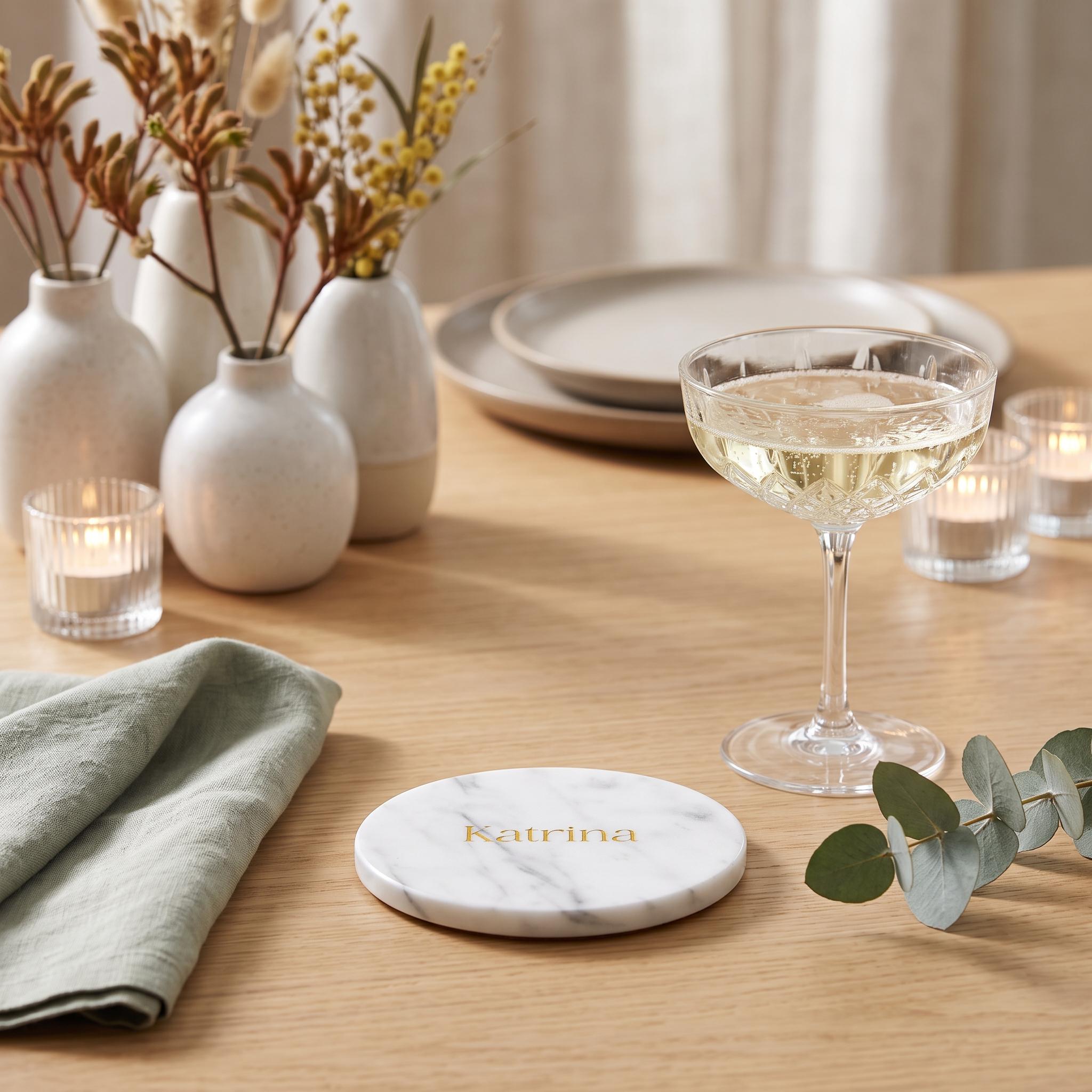 Personalised Marble Coasters, Engraved Wedding Place Cards, Custom Name Stone Favours (10cm)