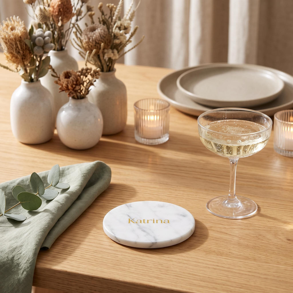 Personalised Marble Coasters, Engraved Wedding Place Cards, Custom Name Stone Favours (10cm)