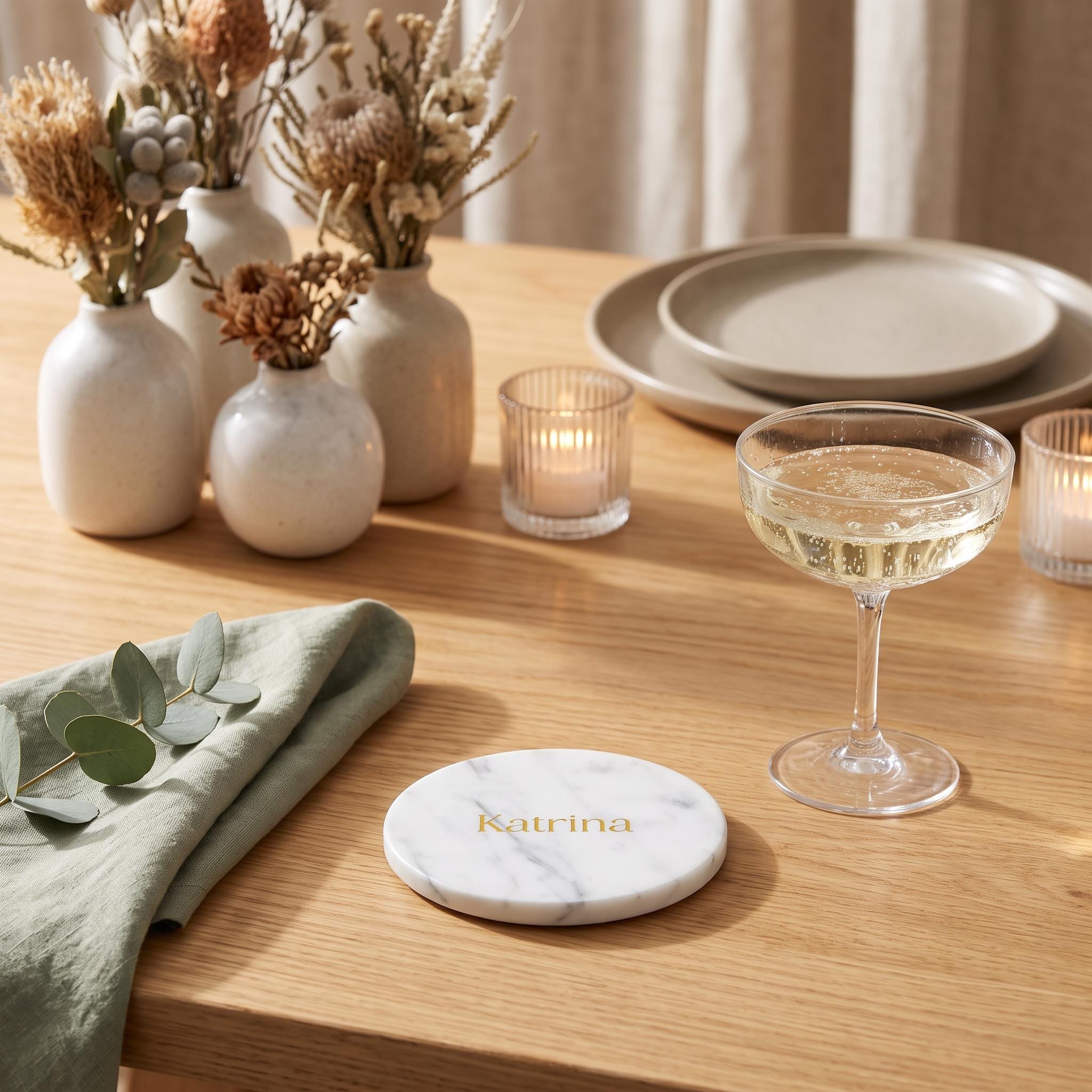 Personalised Marble Coasters, Engraved Wedding Place Cards, Custom Name Stone Favours (10cm)