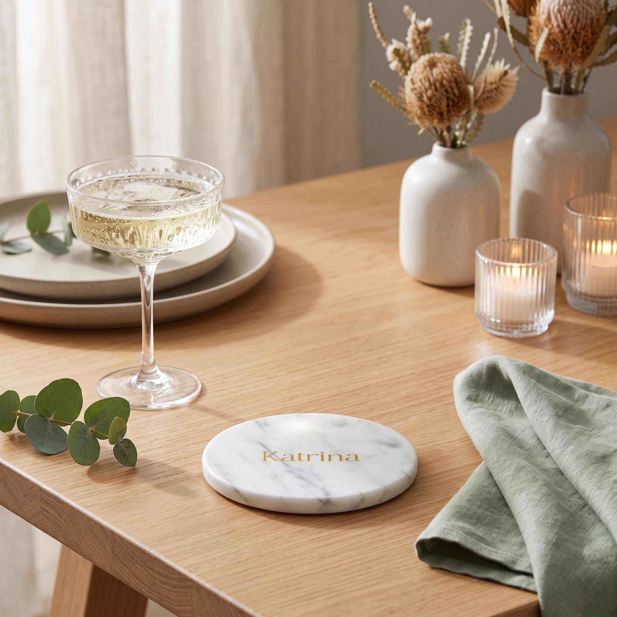 Personalised Marble Coasters, Engraved Wedding Place Cards, Custom Name Stone Favours (10cm)
