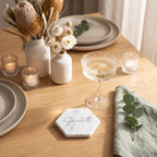 Hexagon Marble Coaster, Engraved Wedding Place Card, Custom Name Coasters, Geometric Stone Favours, Gold Rose Gold Silver Infill