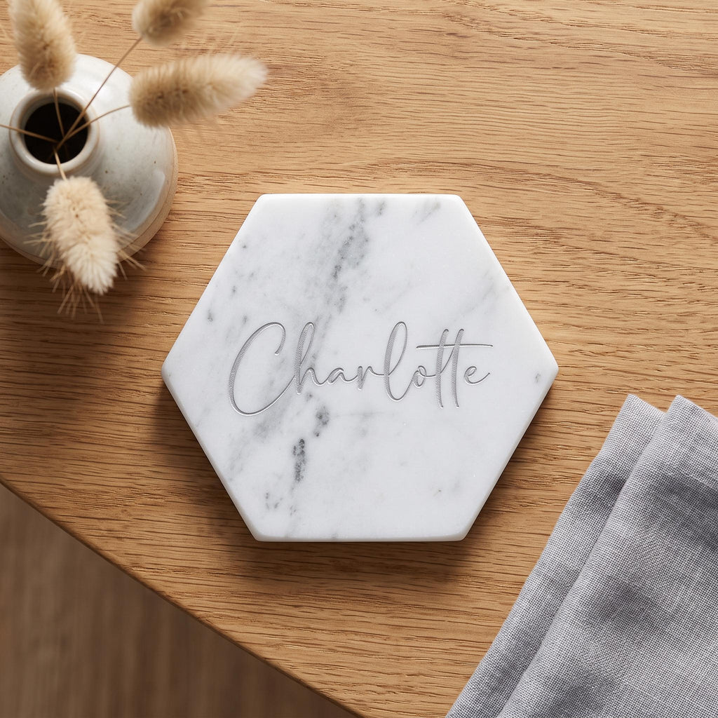 Hexagon Marble Coaster, Engraved Wedding Place Card, Custom Name Coasters, Geometric Stone Favours, Gold Rose Gold Silver Infill