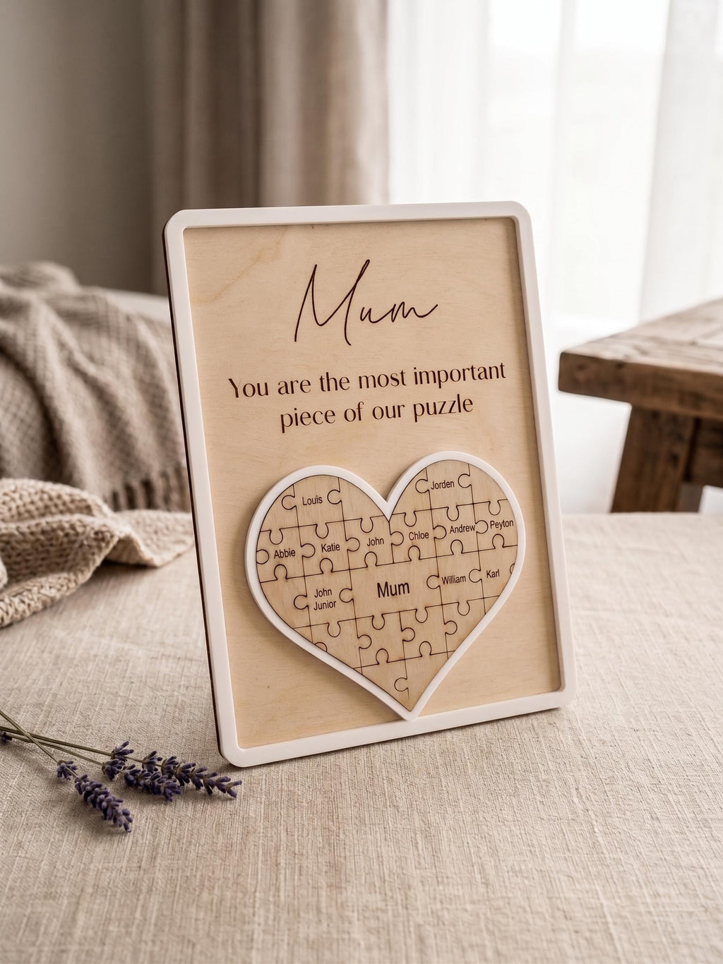 Personalised Mothers Day Puzzle Sign, Custom Wooden Heart Frame for Mum or Nan, Important Piece Keepsake Plaque, 20cm x 15cm