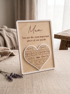 Personalised Mothers Day Puzzle Sign, Custom Wooden Heart Frame for Mum or Nan, Important Piece Keepsake Plaque, 20cm x 15cm