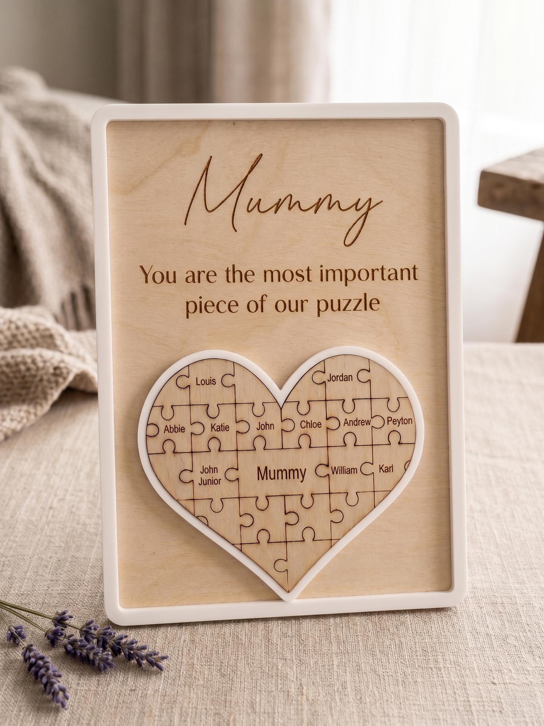 Personalised Mothers Day Puzzle Sign, Custom Wooden Heart Frame for Mum or Nan, Important Piece Keepsake Plaque, 20cm x 15cm