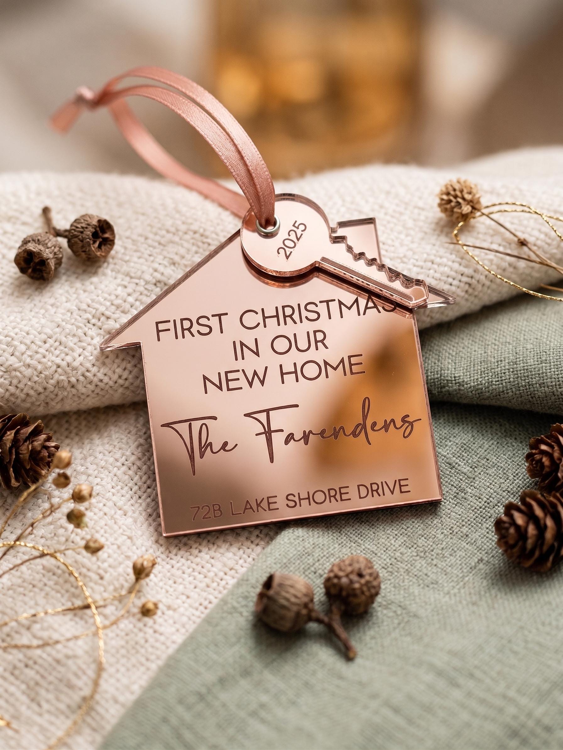 Personalised First Christmas in New Home Ornament, Custom Mirror House Key Bauble, Bespoke Housewarming Keepsake Gift