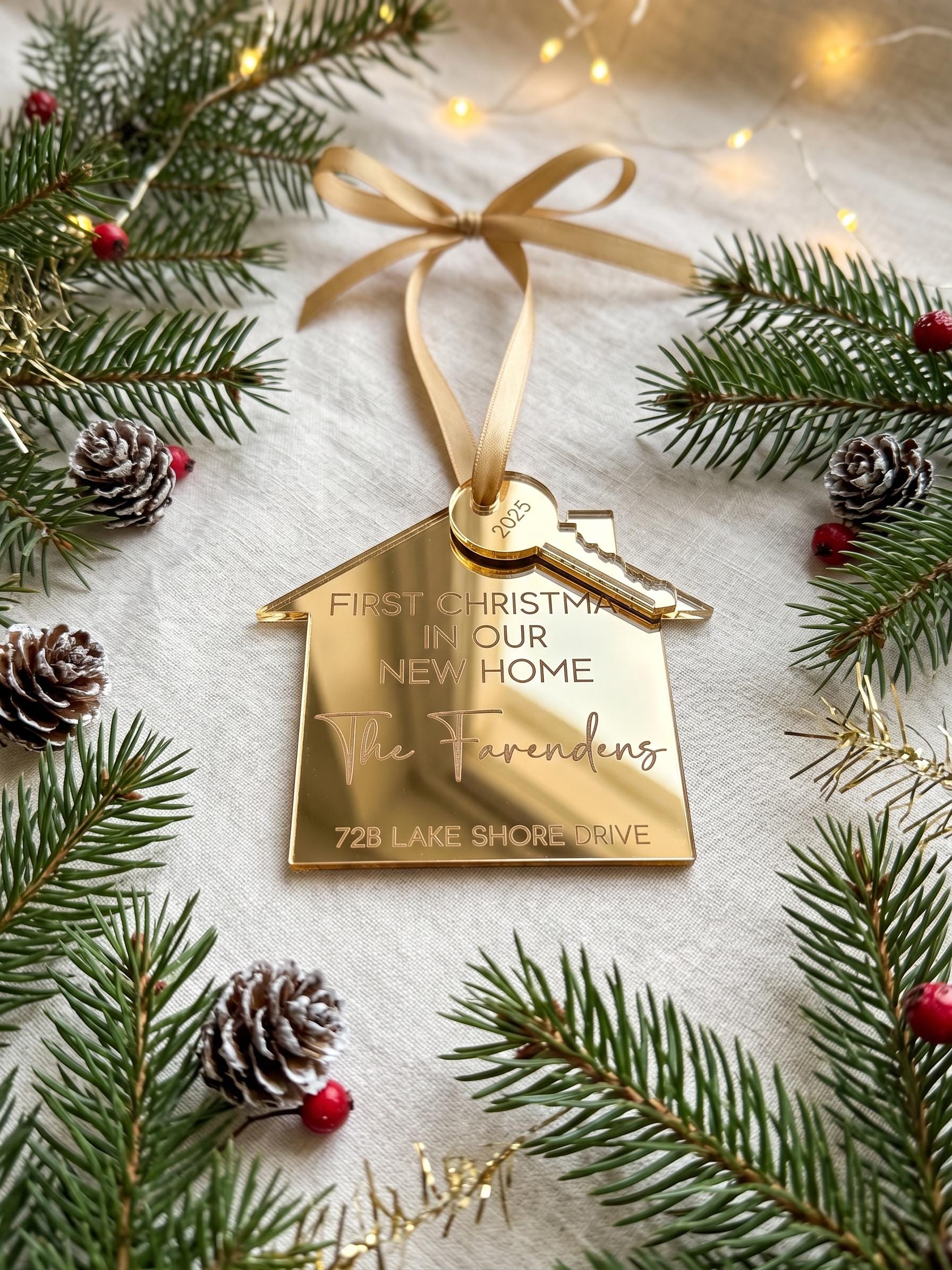 Personalised First Christmas in New Home Ornament, Custom Mirror House Key Bauble, Bespoke Housewarming Keepsake Gift