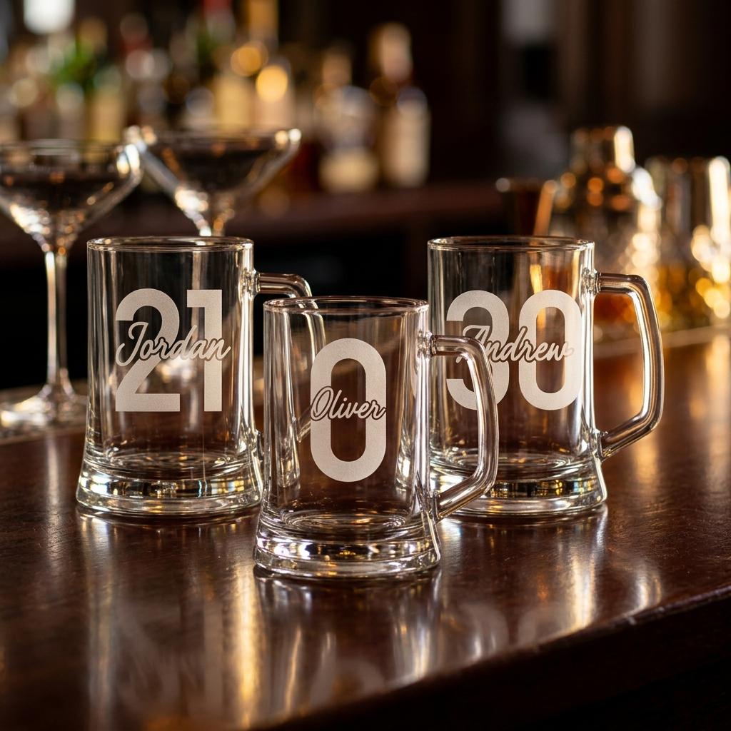 Personalised glass beer mug engraved with a custom name and milestone number, custom beer stein for birthdays and groomsmen gifts